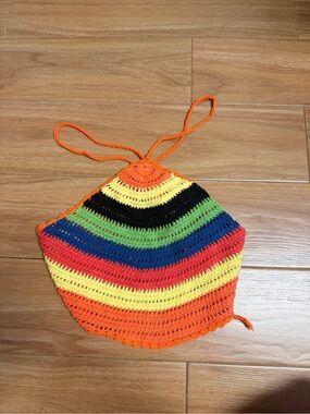 ASOS Multicolor Crochet Halter Top with Orange Tie